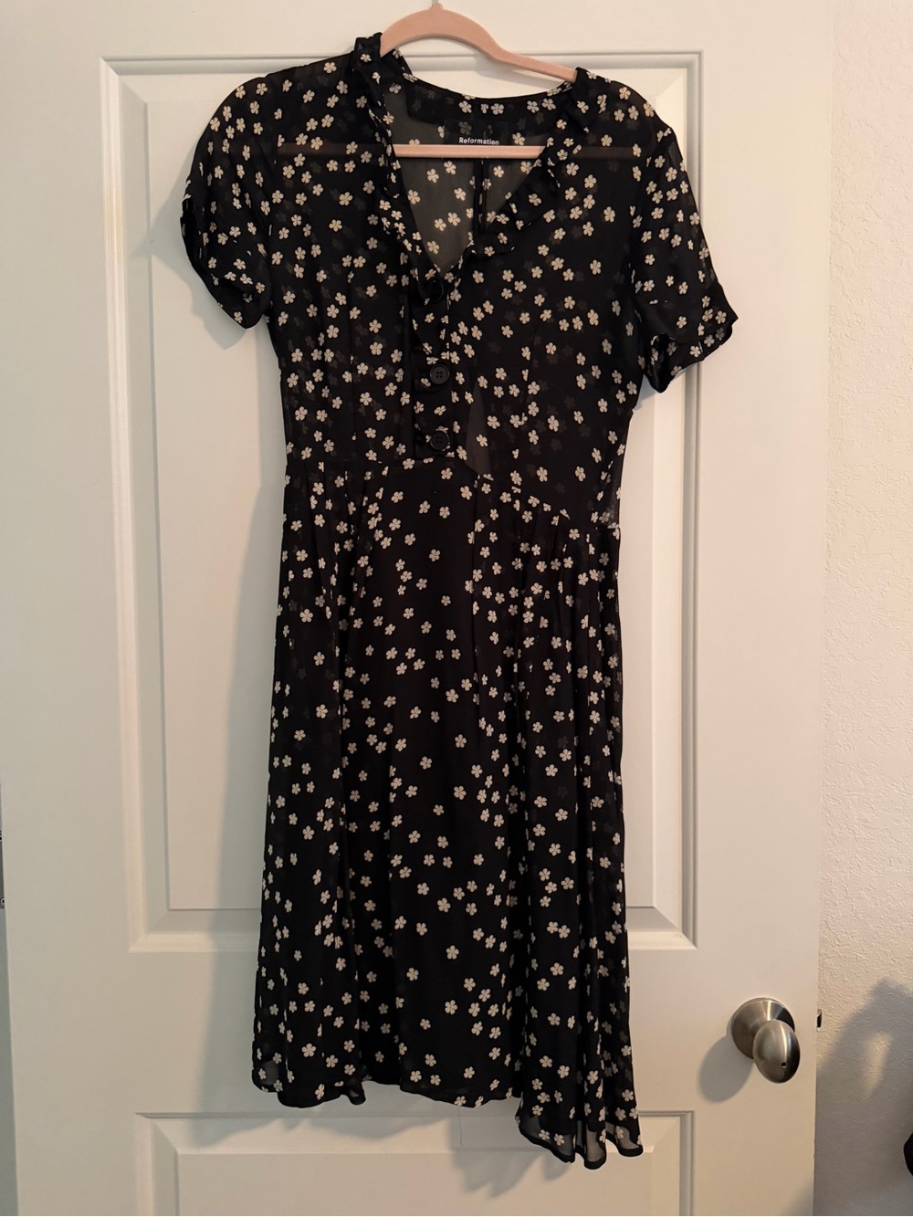 Reformation Black Floral Ruffle-Front Dress